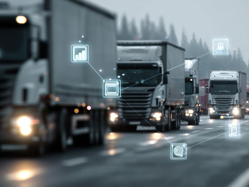 Dashboard view of an IoT fleet management system showing real-time vehicle tracking, driver analytics, and route optimization tools.