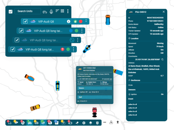 Real-time GPS tracking dashboard showing live vehicle locations and route data on a digital map