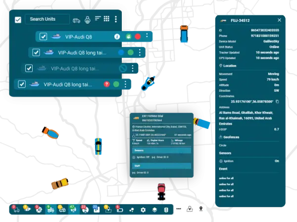 Real-time GPS tracking dashboard showing live vehicle locations and route data on a digital map