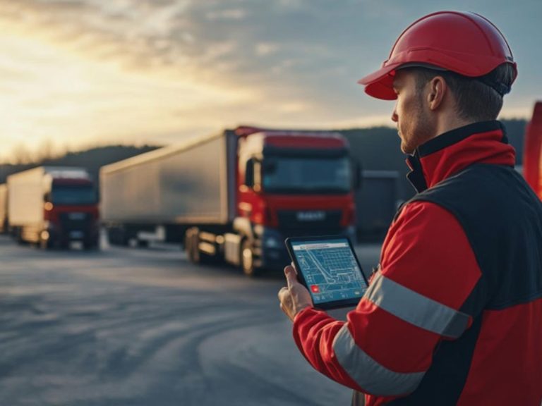 Logistics fleet management software dashboard with real-time vehicle tracking, route optimization, and fleet analytics.