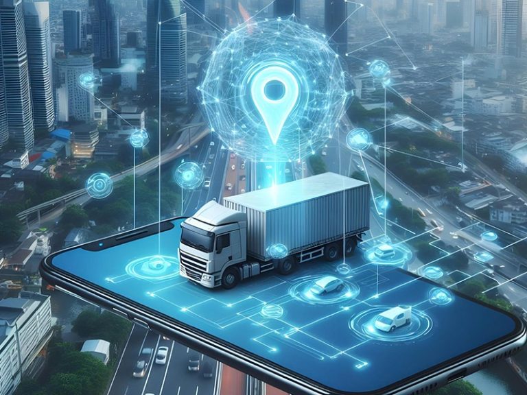 A high-tech digital dashboard displaying real-time GPS fleet tracking data, live map routes, vehicle telemetry, and cloud analytics.